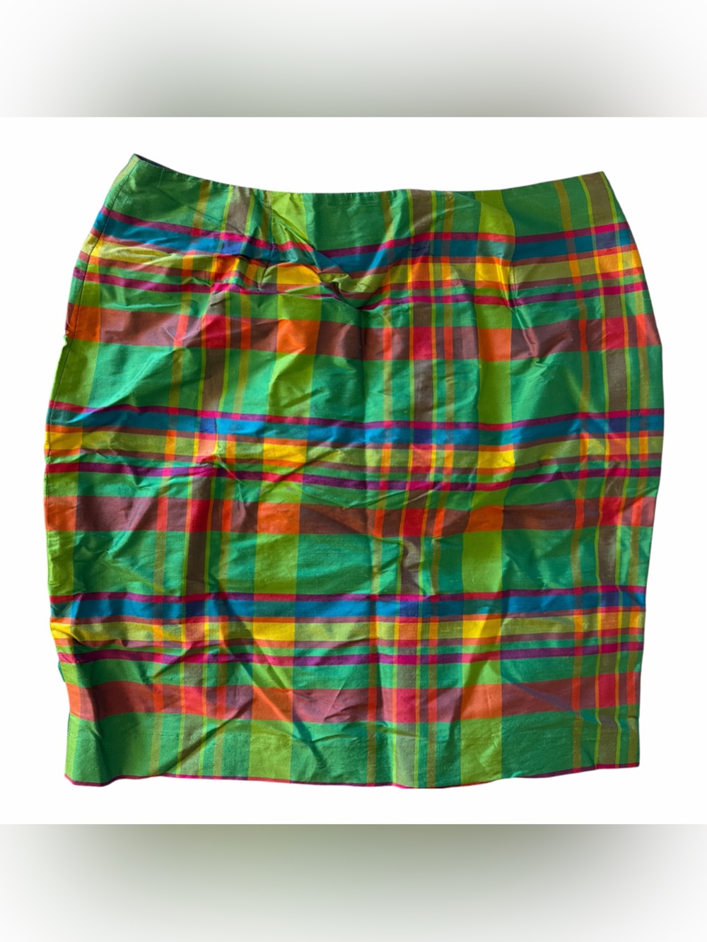 Ralph Lauren Women 100% Silk Skirt Madras Green / Multi Plaid